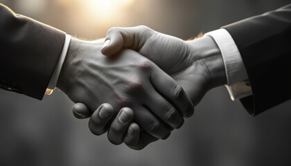 Two business professionals shaking hands outdoors in a city, symbolizing partnership and collaboration in a corporate environment