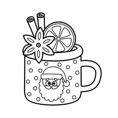 Isolated outline Christmas mug with picture Santa Claus. Contour cartoon Xmas cup of cocoa with cinnamon, orange. Coloring page. Black and white vector illustration. Perfect for winter holiday design.