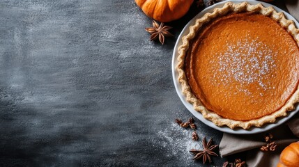 A dazzling classic pumpkin pie sits in the center of an artfully arranged autumn tableau, surrounded by vibrant seasonal elements. Charming and rich in culinary tradition.