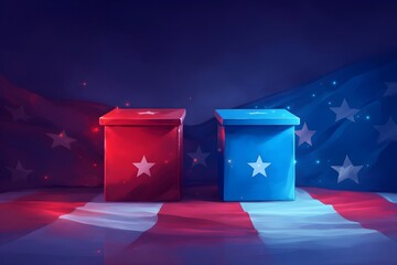 Red and blue ballot boxes on American flag background. 2024 Presidential elections. Vote day, November 5. US Election campaign. USA, United States of America. Democratic process. Democracy and freedom