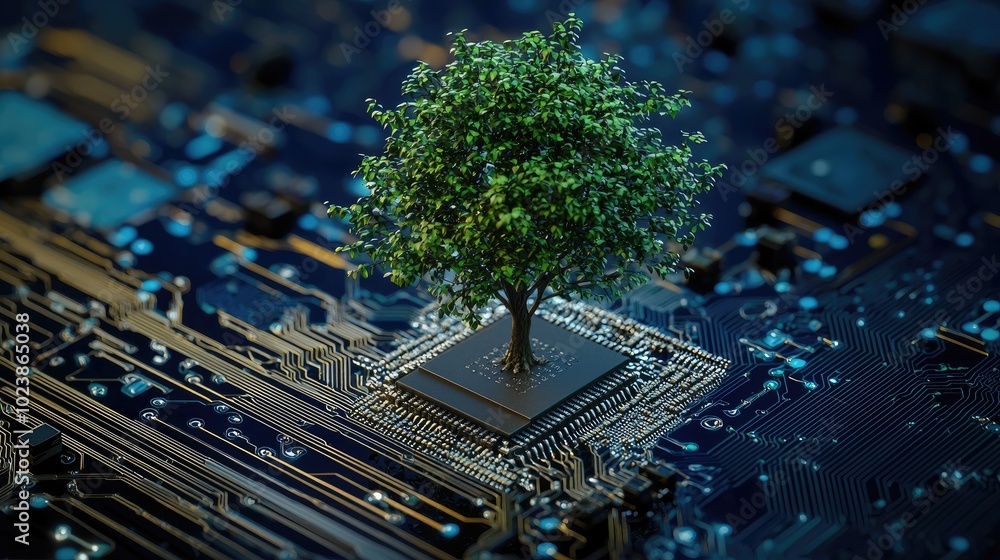 Poster a small green tree growing from a computer circuit board