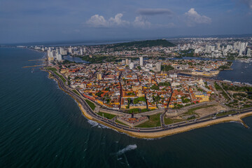 Fototapeta premium Beautiful aerial view of the Walled City of Cartagena, Its majestic Cathedral, the plaza, its colonial architecture. Colombia 