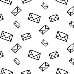 A seamless pattern of hand-drawn envelopes scattered across a white background
