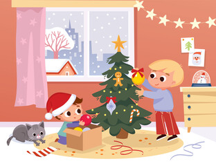 Christmas activities.Boys decorating a Christmas tree at home. Cozy living room. Kids prepare for Christmas.