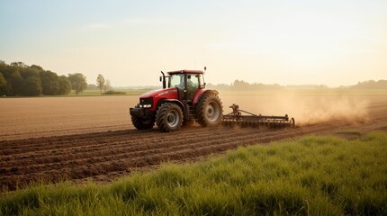 Fototapeta premium A tractor plowing a field at sunset, showcasing the beauty of agricultural work in a rural landscape
