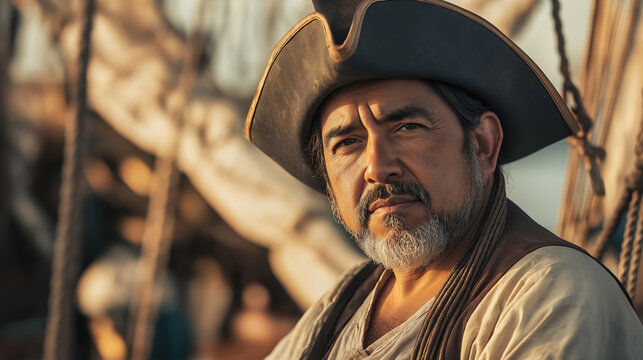 Confident vintage explorer on boat embodies adventure and discovery, blending latin and caucasian heritage. Evokes tales of conquest and bravery in a bygone era