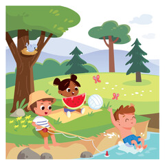 Children play outdoors. Summer activities. Children fooling around, having fun in good mood outside by the river. Summer landscape. Nature with trees, pound, lawns.