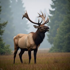 Obraz premium Digital painting depicting a majestic elk emitting a powerful call amidst the misty forest during rutting season