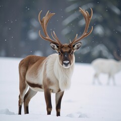 A towering-horned reindeer stands amidst the snowy landscape