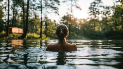 Woman relaxing while swimming in lake surrounded by forest at sunset
