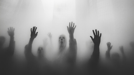 Multiple hands pressed against foggy glass, creepy Halloween atmosphere with mist and frosted glass background, black and white