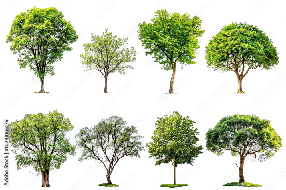 Poster collection of trees in various sizes and shapes. the trees are all green and are spread out across t