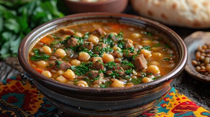 A hearty bowl of Moroccan harira soup with chickpeas, lentils, and lamb, served with fresh bread on a colorful tablecloth