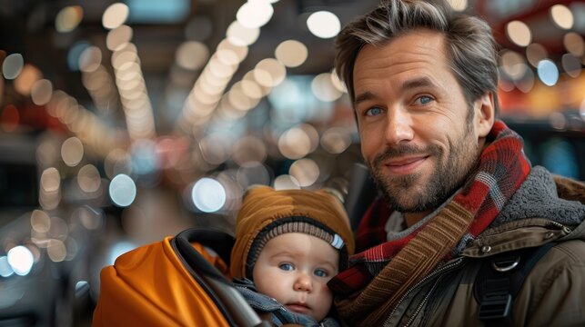A father with a baby stroller exploring family-friendly vehicles in a car dealership