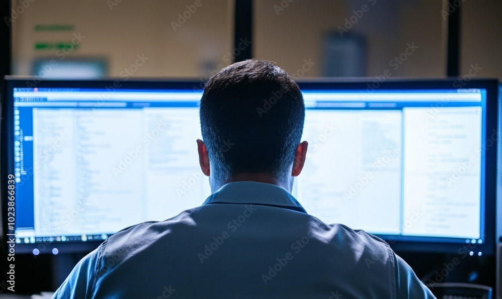 Poster a man is sitting in front of two computer monitors