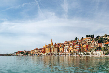 Colourful bright facades of the city of Menton on a sunny day