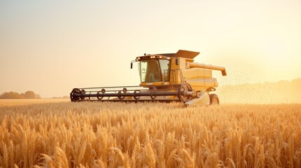 Obraz premium A combine harvester working in a golden wheat field at sunset, extracting grains in late summer