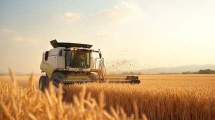 Obraz premium A combine harvester working in a golden wheat field at sunset, extracting grains in late summer