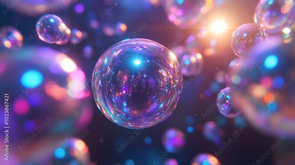 Poster a large iridescent bubble floating in a field of colorful bokeh