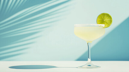 A fresh lime cocktail served in a glass on a blue background