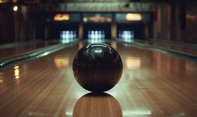 A close-up view of a black bowling ball resting on polished wooden lanes during a quiet bowling night at a local alley