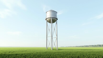 A vintage water tower stands tall amidst  fields under a clear sky, showcasing rural landscapes in the afternoon light