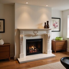 A modern-style 3D rendering showcasing an inviting room adorned with a cozy fireplace
