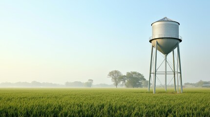 A vintage water tower stands tall amidst  fields under a clear sky, showcasing rural landscapes in the afternoon light
