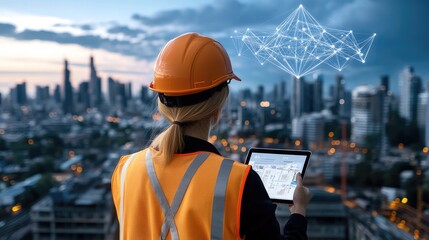A construction worker in an orange vest and helmet studies network visualizations on his tablet while overseeing a partially built city that merges tradition and modern tech