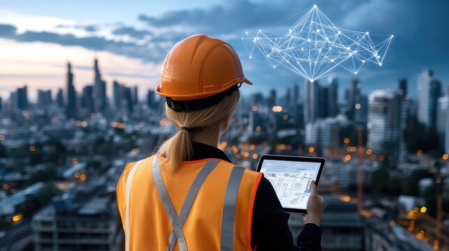 A construction worker in an orange vest and helmet studies network visualizations on his tablet while overseeing a partially built city that merges tradition and modern tech