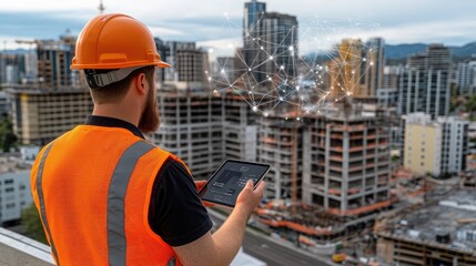 A construction worker in an orange vest and helmet studies network visualizations on his tablet while overseeing a partially built city that merges tradition and modern tech