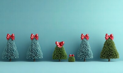 A row of trees with bows on them and a small tree with a bow on it