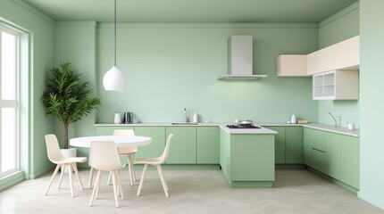 Fototapeta premium Modern kitchen interior showcasing a green color palette with a wooden dining table and stylish chairs under a soft light