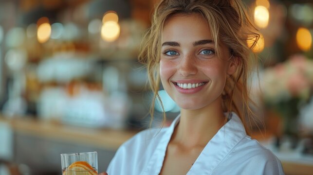 A friendly receptionist offering a complimentary drink to a client in the waiting area of the beauty salon