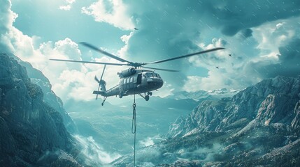 Naklejka premium A helicopter airlifting a cannon across a mountainous landscape