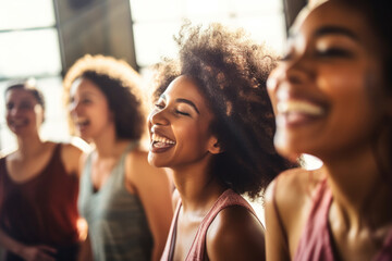 A happy group of women dance together, enjoying life, creating an atmosphere of fun, unity and positivity