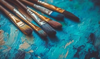 Fototapeta premium A painting set with a variety of colors and brushes on a blue background