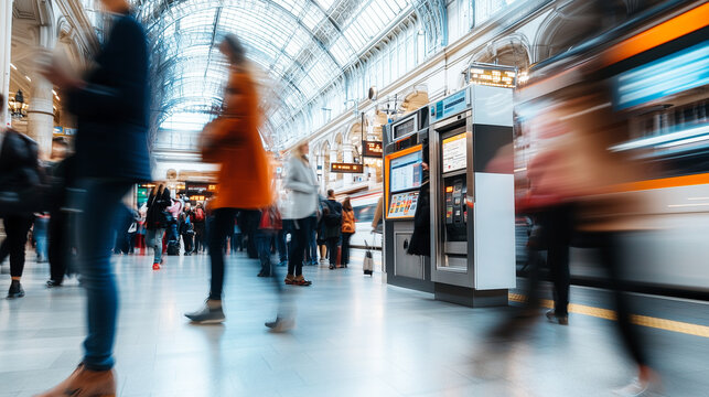 People hustle through a bustling train station, blurred in motion, with a high glass ceiling creating an airy atmosphere.