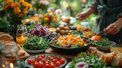 A healthy meal spread on a table, with a person reaching for a plate, highlighting the choice of sober and nutritious living