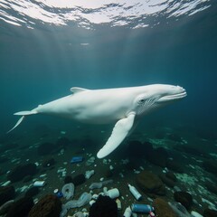 Fototapeta premium Humpback whale swimming amidst plastic debris in polluted waters an awareness poster conveying environmental impact and marine pollution concerns