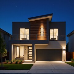 A clear-night scene showcases a contemporary gray-and-wood two-story home with large windows and a parked car illuminated by starlight against a backdrop of countless twinkling stars