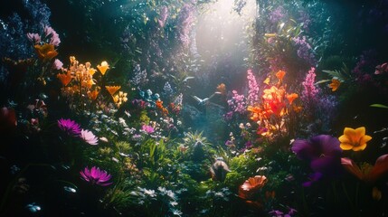 Fototapeta premium A lush garden filled with mystical creatures hidden among the flowers