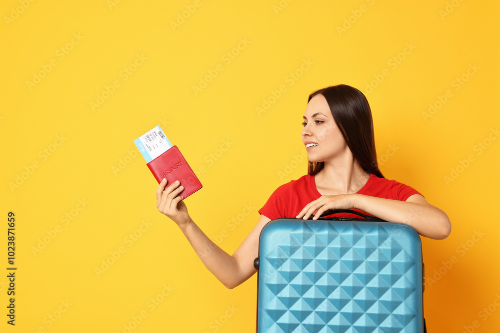 Wall mural Happy young woman with suitcase, passport and ticket on orange background