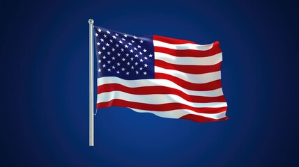 A minimalist American flag icon, waving gently with subtle light reflections over a deep blue background