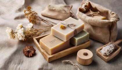 Artisan handmade soap with eco-friendly label and natural decor on linen fabric. Generative AI
