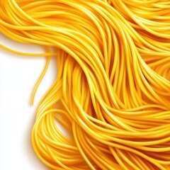 Yellow pasta strands, white isolated background.