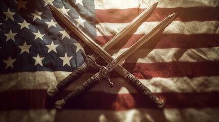 A pair of crossed swords in front of a waving American flag, with soft light shining through