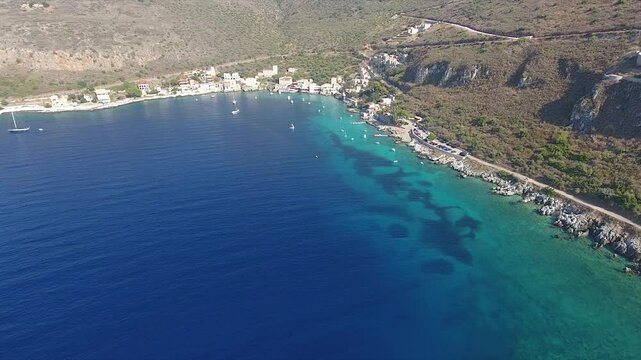 Distant view of Limeni in Greece. Distant aerial view of the seaside village of Limeni in Areopolis, Greece