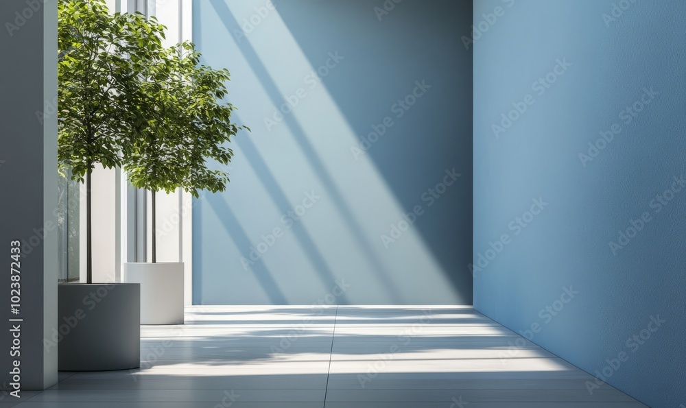 Poster a partially visible blue wall within a corridor of an urban setting, a simple and minimalistic desig