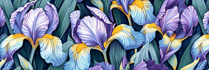 Painting of purple and yellow flowers with a blue background. The flowers are arranged in a way that creates a sense of movement and depth. The overall mood of the painting is serene and peaceful